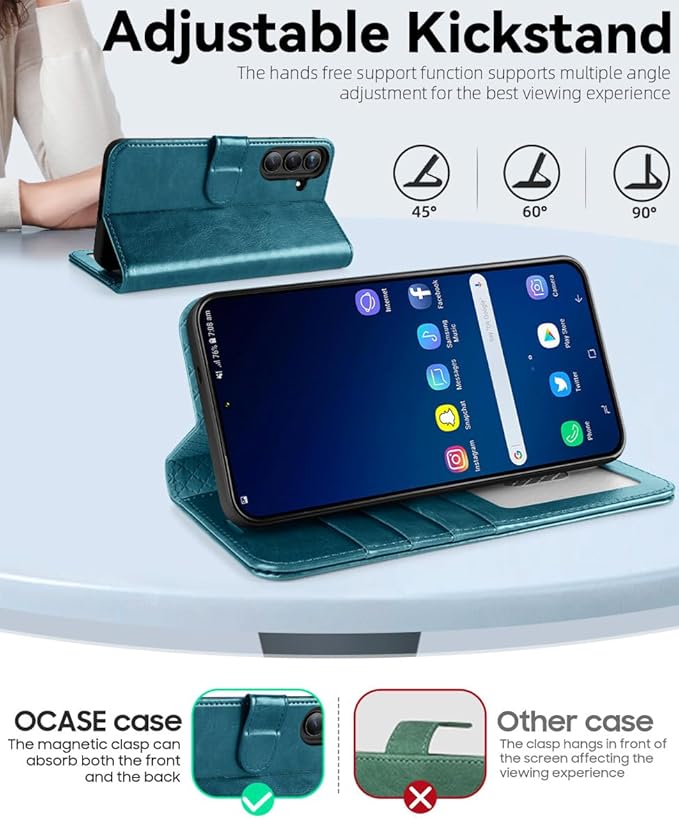 OCASE Compatible with Galaxy S25 FE Wallet Case, PU Leather Flip Folio Case with Card Holders RFID Blocking Kickstand [Shockproof TPU Inner Shell] Protective Phone Cover 2025, Peacock Blue