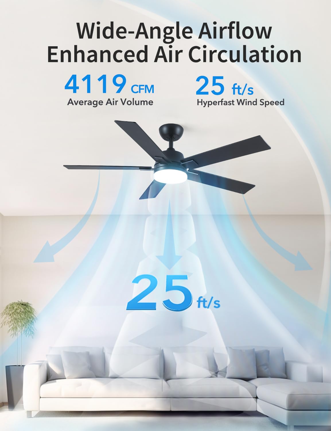 Rayqueen 52 Inch Ceiling Fans with Lights and Remote, 6 Speed Reversible DC Motor, 3CCT Dimmable LED, Black Modern Ceiling Fan for Bedroom, Living room & Covered Outdoor,Includes Downrod