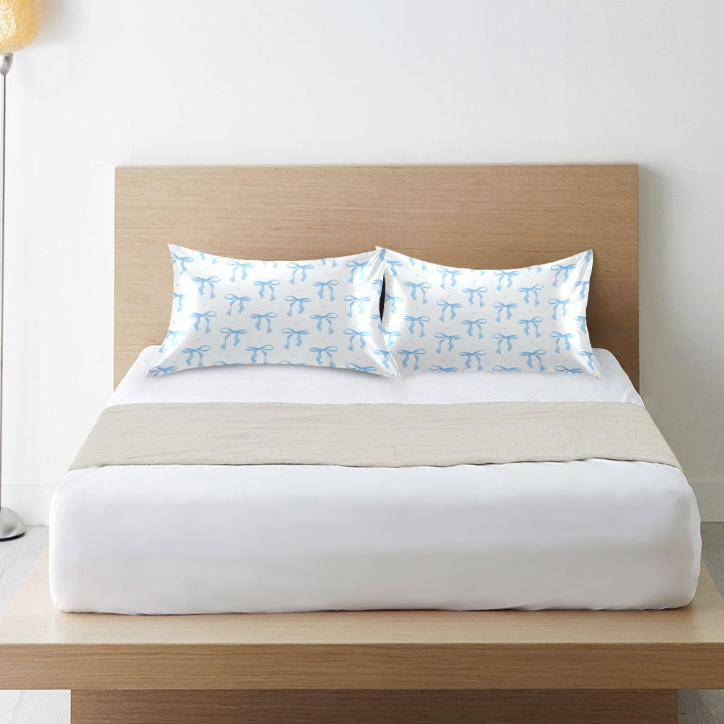 Blueangle Blue Ribbon Bow Satin Pillowcase for Hair and Skin Silk Pillowcase, Queen Size(20x30 inches) - Satin Pillow Covers with Envelope Closure