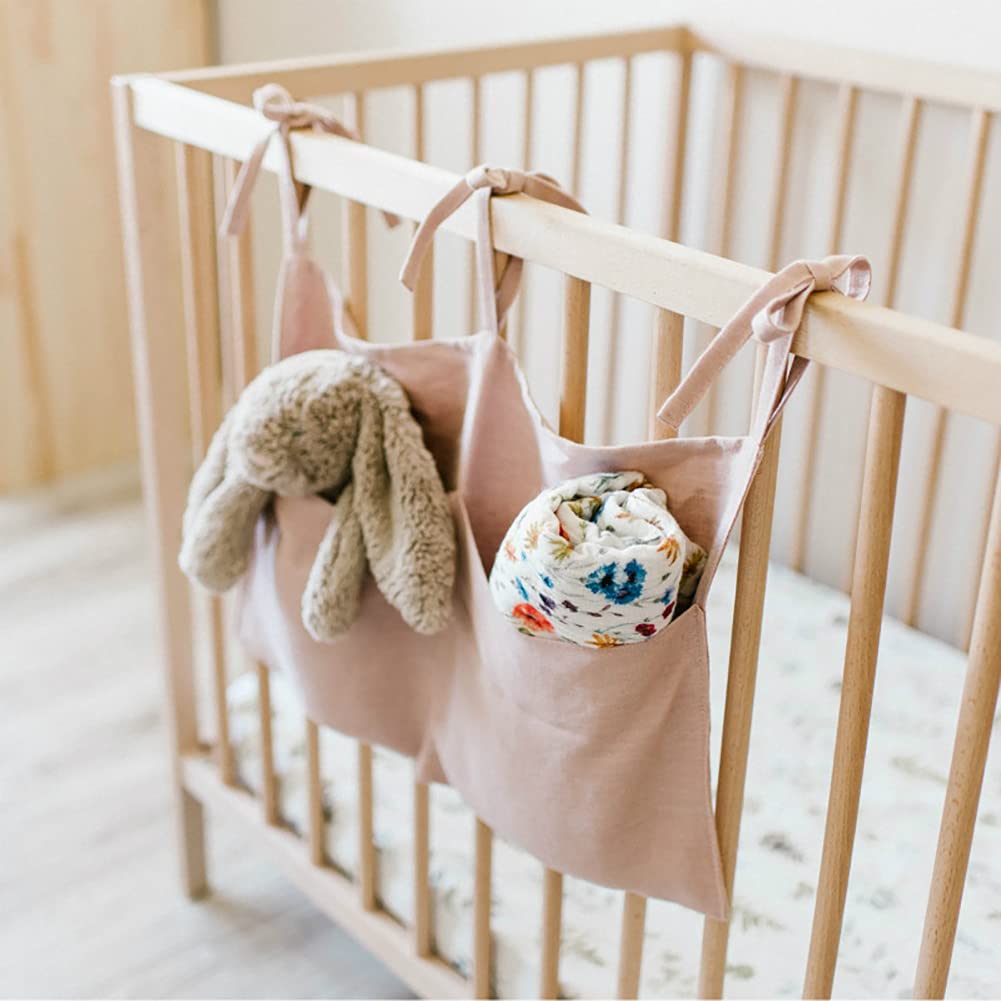 YeeMan Linen Baby Bedside Hanging Storage Bag,2 Pockets Organizer for Baby Cribs and Toys (Light Pink)