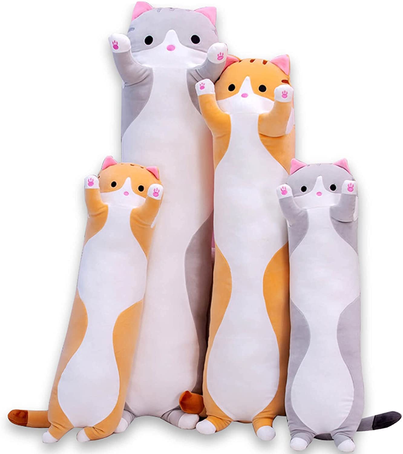 Oeonuas Cute Cat Plush Long Body Pillow Cuddle Cartoon Stuffed Animals Cat Plushie Soft Doll Pillows Gifts for Kids Girls (Orange, 27")