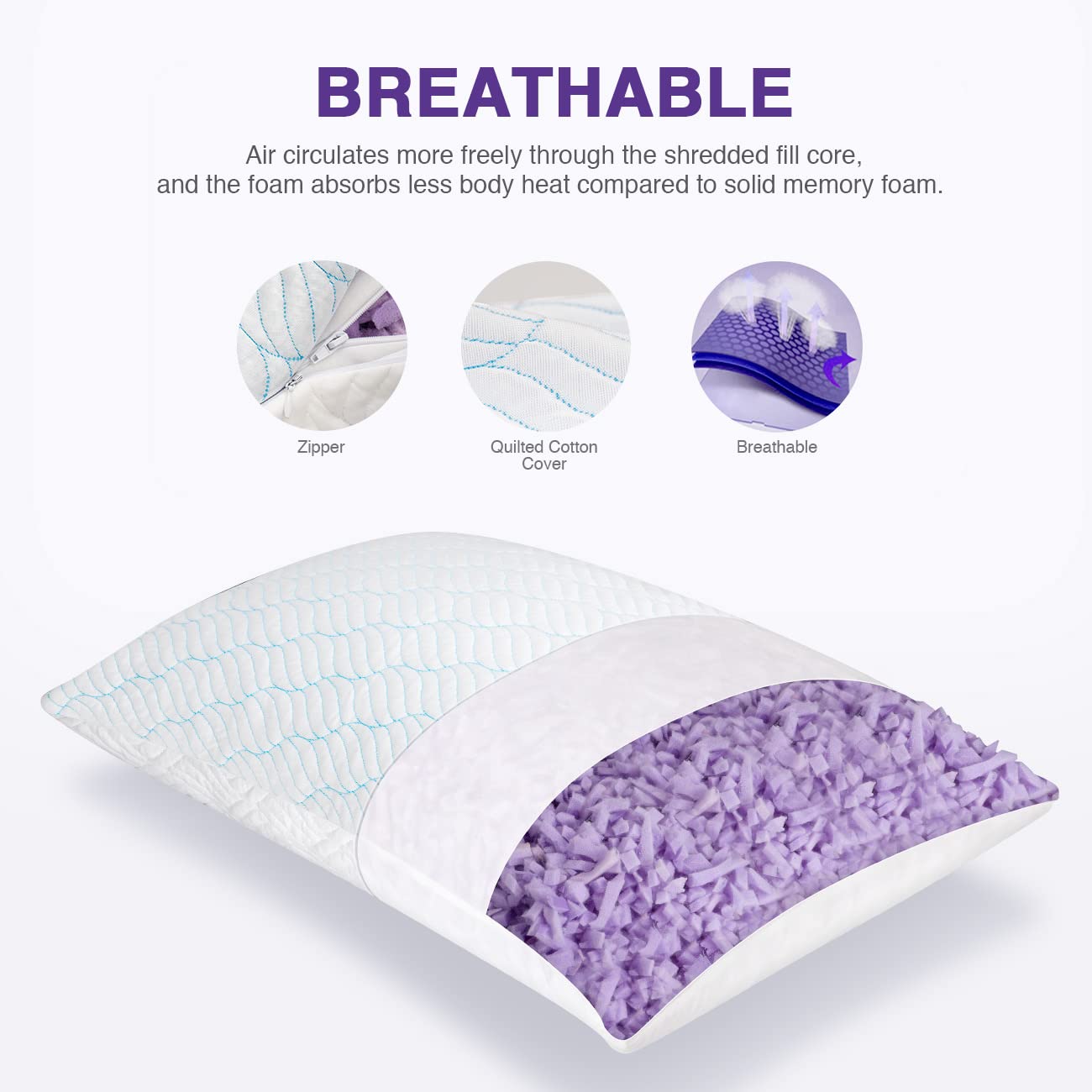 WISHSMILE King Size Shredded Memory Foam Pillows, Cooling King Pillows 4 Pack, Adjustable Height Firm Support, Double-Sided Polyester & Ice Silk Cover, Washable Bed Pillows for Home, King 20×36 Inch