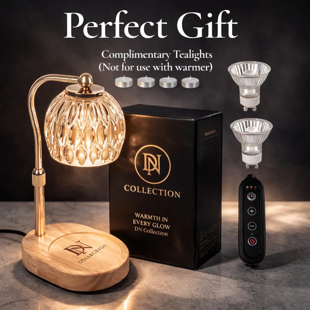 DN Collection Candle Warmer Lamp with Timer & Dimmer, Adjustable Height, Wax Melt Warmer for Jar Candles, Crystal Glass Shade, Wooden Base, Gold, Home Decor Gift