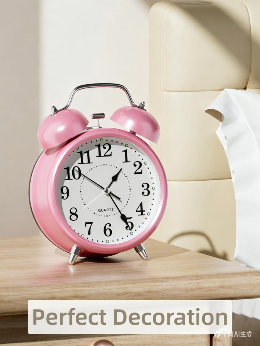 COSCTOR 4 Inches Analog Alarm Clocks Retro Backlight Cute Simple Design with Night Light Silent Non-Ticking Battery Operated [Pink]