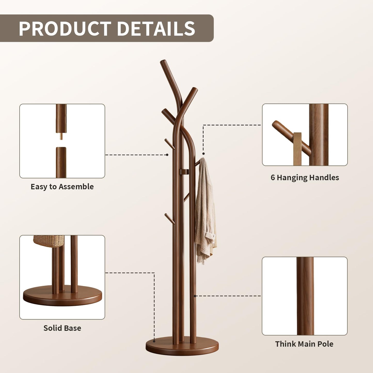 Solid Wood Coat Rack Freestanding Wood Coat Tree Rack with 9 Hooks, Creative Tree-Shaped Design, Standing Coat Rack Clothes Hanger Stand with Sturdy Base for Entryway, Bedroom - Load 300lb (Walnut)