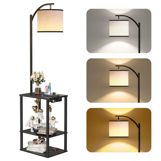SUNMORY Floor Lamp with Table, End Table for Living Room with Lamp, Shelves Side Table with Charging Station(USB & AC Port), 3 Color Temperature LED Bulb, Modern Nightstand Lamp for Bedroom, Office