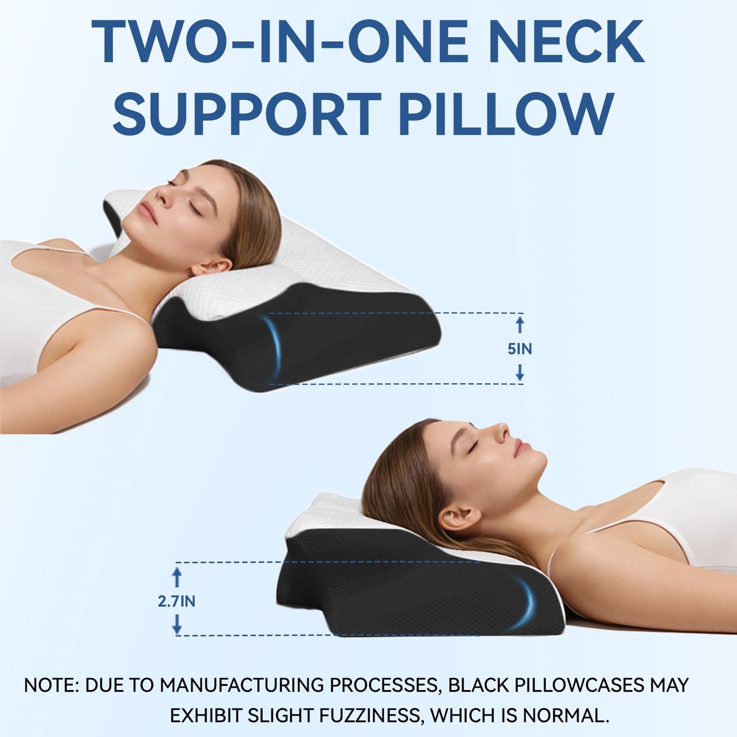 Keaolotay 2 in1 Memory Foam Cervical Pillow, Ergonomic Orthopedic Contoured Support Pillow for Neck Pain Relief, Bed Pillow for Side Back Stomach Sleepers Comes with 2 Pillowcases & 1 Eye Mask(Black)