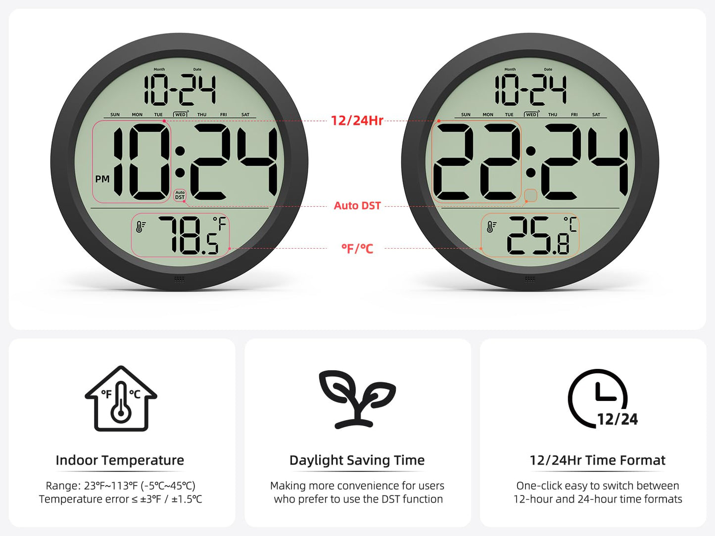 Digital Wall Clock Battery-Operated, 8 Inch Small Decorative Modern Wall Clock with Date, Temperature, Auto-DST, Silent Electric Wall Clock for Bedroom, Living Room, Kitchen, Office, Farmhouse -Black
