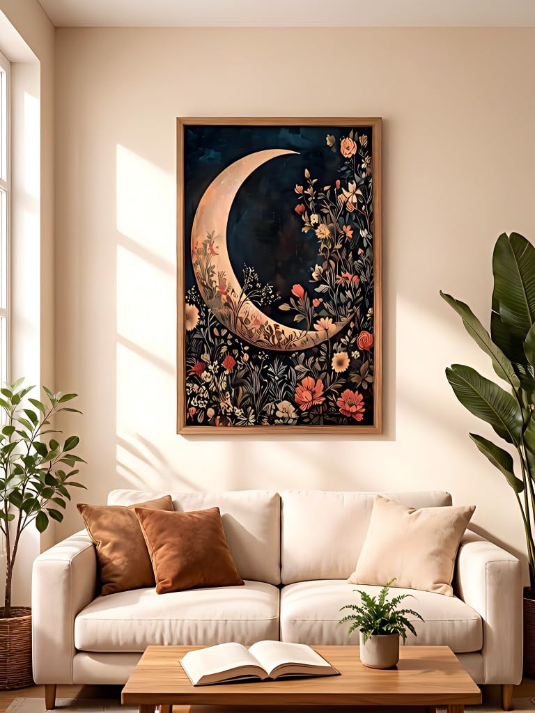 JXZMLNR Framed Canvas Wall Art, Crescent Moon with Dark Floral Print 8x10In