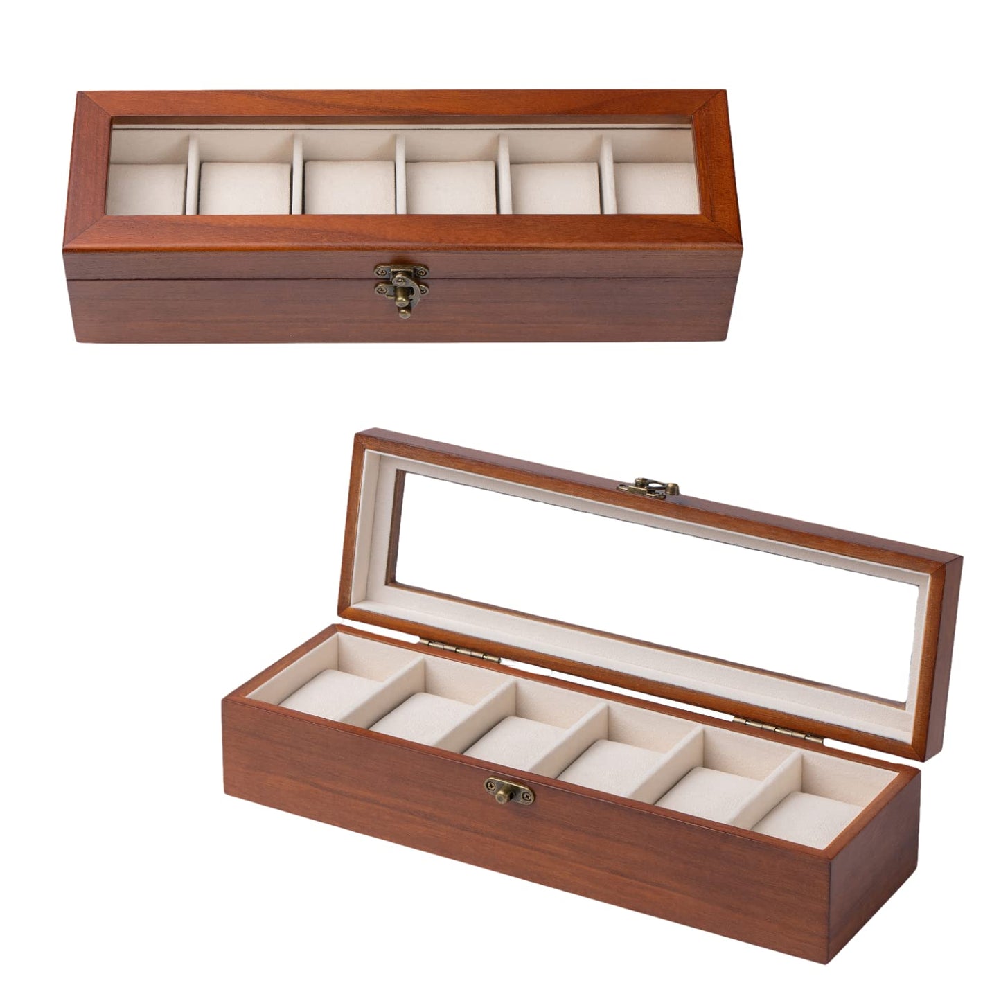 Exper City Watch Box, Watch Case for Men Women with Large Glass Lid, Wooden Watch Display Storage Box with 6 - Slots, Classic Walnut Mens Watch Box Organizer