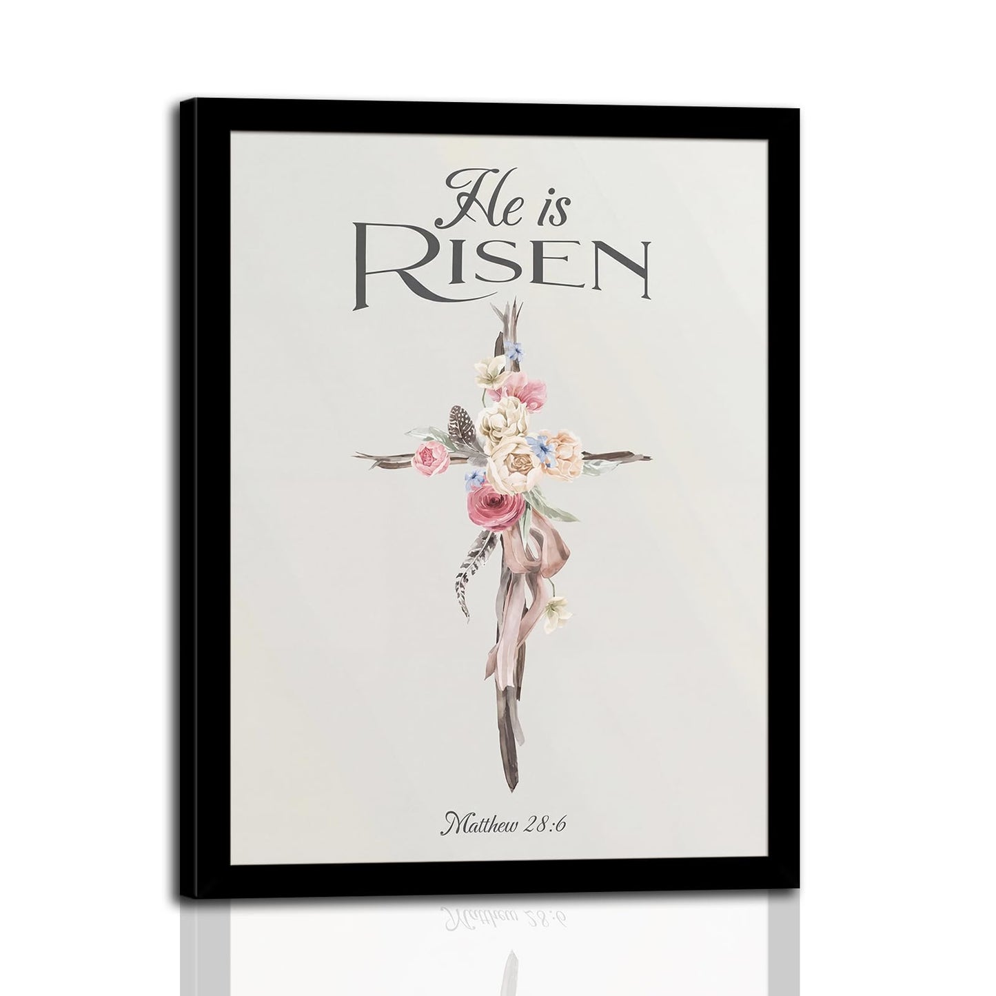 dzbLuck Christian Wall Art He Is Risen Canvas Print, Floral Cross Artwork with Bible Verse Matthew 28:6, Religious Wall Decor for Living Room Bedroom Church Home 12x16 Inch