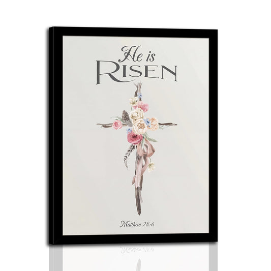 dzbLuck Christian Wall Art He Is Risen Canvas Print, Floral Cross Artwork with Bible Verse Matthew 28:6, Religious Wall Decor for Living Room Bedroom Church Home 12x16 Inch