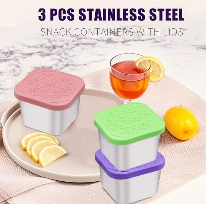 304 Premium Stainless Steel Snack Containers with Silicone Lids, Snackle Box Containers, Easy-Open Leak-Proof Kids for Taking Out for a Picnic, Lunch Box and Travel. (Purple Pink Green-3, 6 OZ)