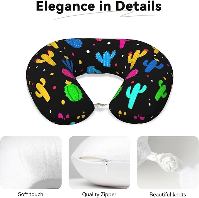 Comfortable Memory Foam Neck Pillow Trippy Dots Cactus, Travel U Shaped Airplane/Car/Flight Pillows with Removable Zipper Cover, Chin Head Neck Support Cushion