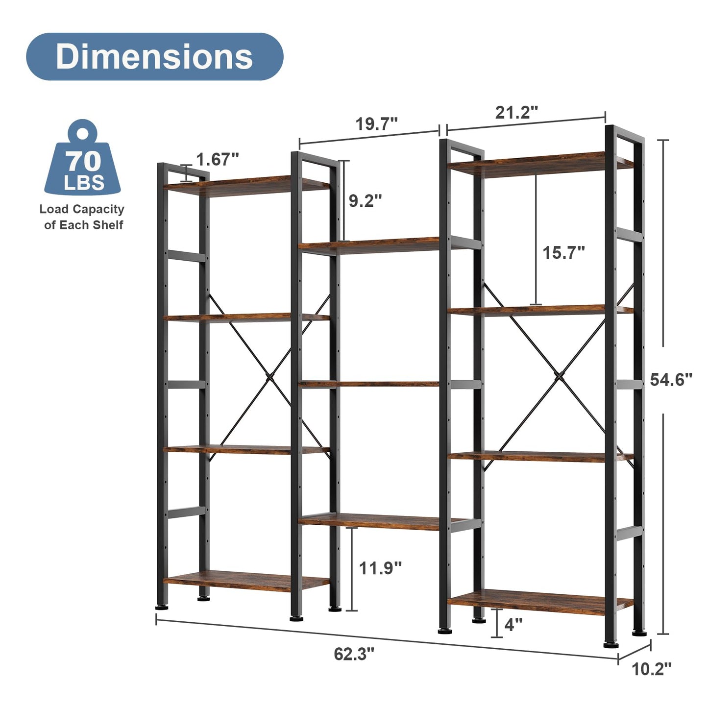 DUMOS Triple Column 4 Tier Bookshelf with Adjustable Shelves, Wide Convertible Display Unit, Industrial Bookcase for Living Room & Home Office, Sturdy Freestanding Storage Decor Organizer, Rust