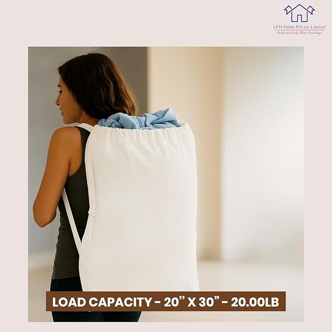 LFH Home Cotton Canvas Large Laundry Bag with Handle, Heavy Duty Drawstring Closure Washable Laundry Bags, School Travel, Home, Hotel, College Dorm, Organizer Sack, Toy Clothes 28x36 (Pack of 2)-White