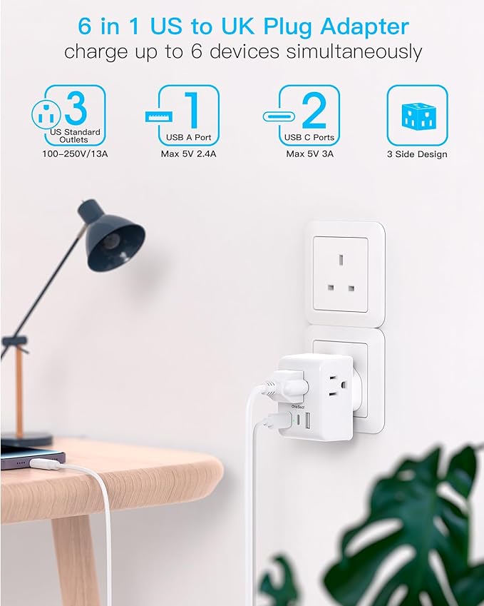 2 Pack US to UK Ireland Travel Plug Adapter, Type G Power Plug Adapter with 3 Outlets 3 USB Ports(2 USB C), European Travel Plug Adapter for USA to England London Scotland British Qatar Irish HongKong