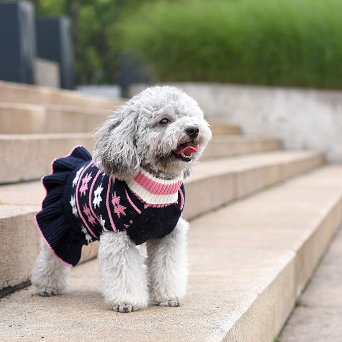 KYEESE Dog Sweater Fall Winter for Girl Dog Clothes Warm Pet Coats Dogs Sweater Dress with Snowflake Pattern Knit Turtleneck Pullover with Leash Hole for Small Dogs, Girl Navyblue, X-Large