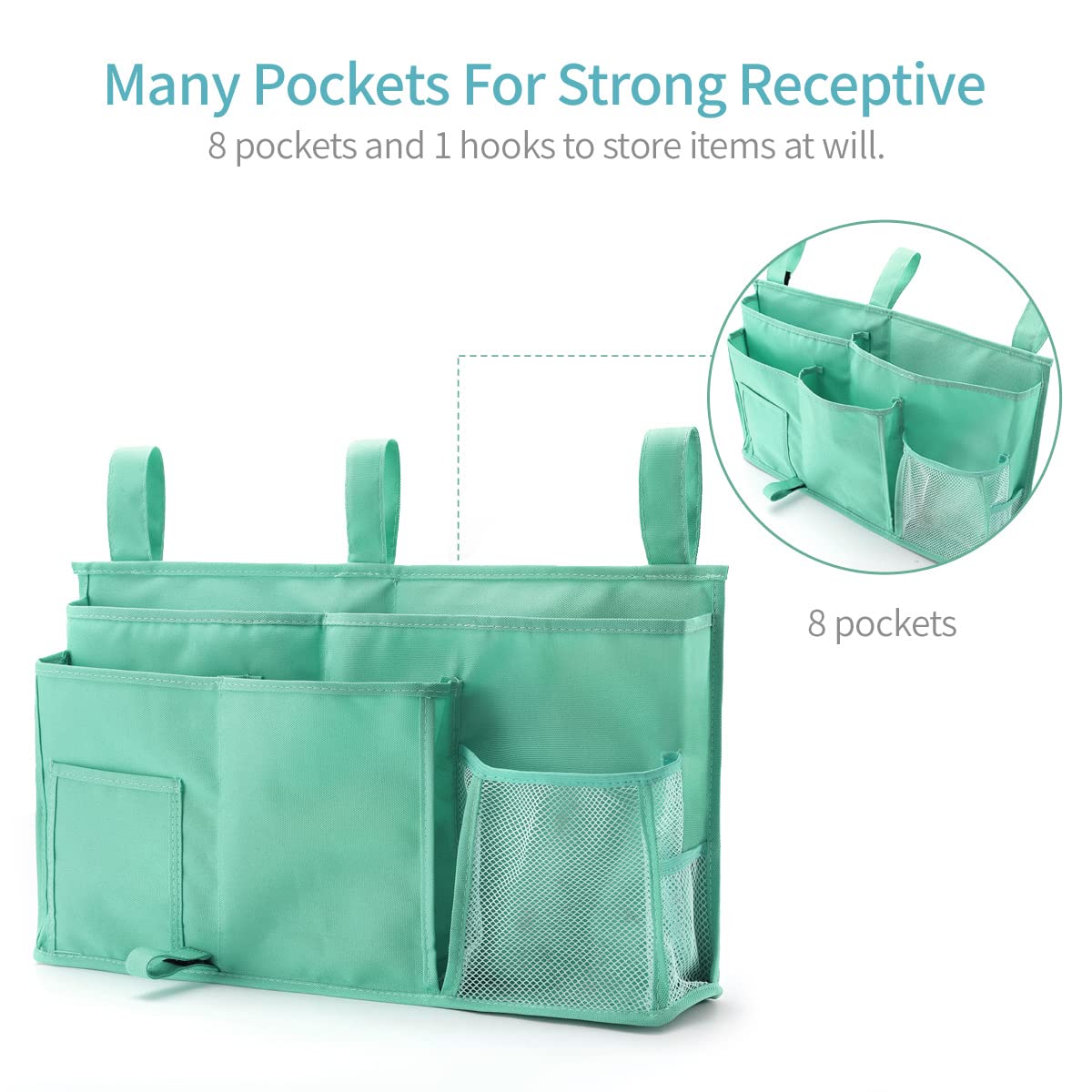 Bseash Bunk Bed Organizer, Bedside Caddy Hanging Bed Organizer Storage Bag 8 Pockets, for College Dorm Rooms Bed, Hospital Bed, Baby Bed Rails, 600D Oxford Cloth (Light Green)