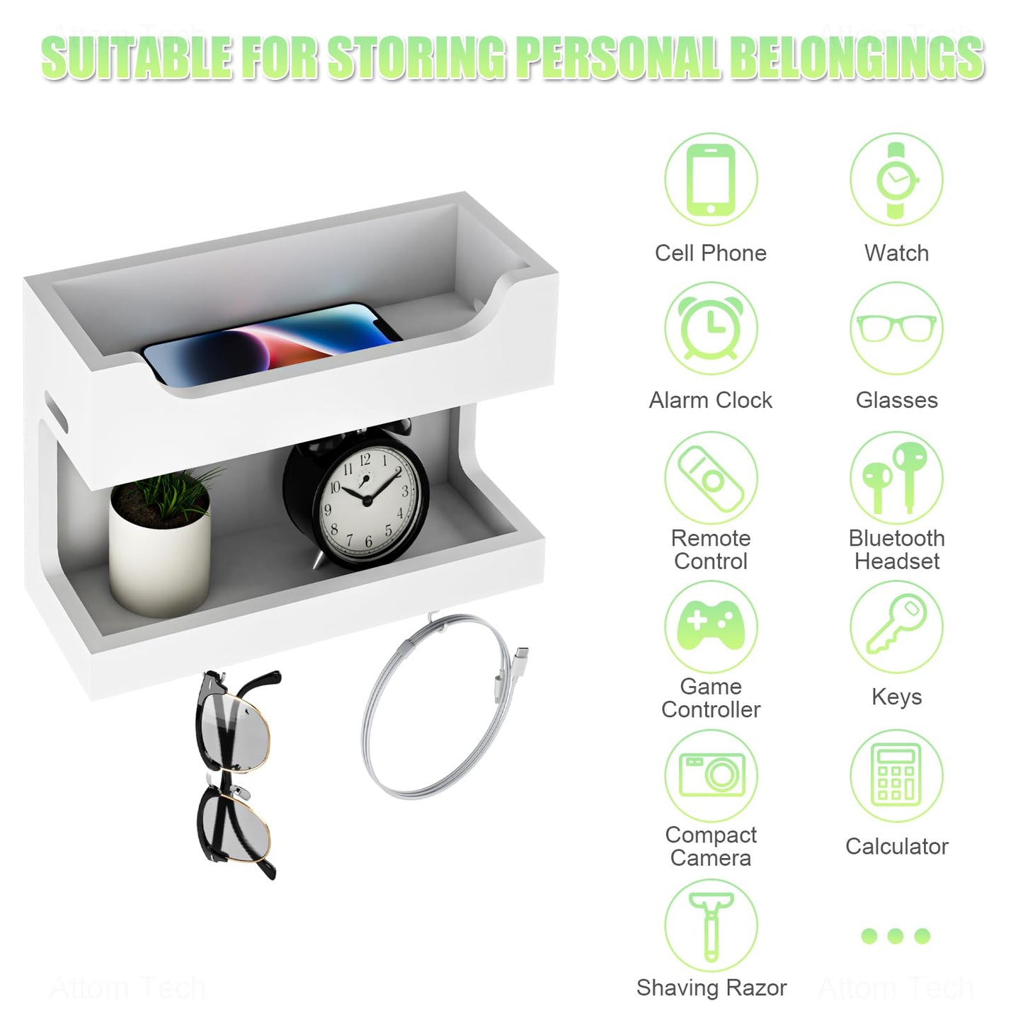 NiHome Wall Mounted Wooden Bedside Accessories Organizer, Double Tray Bedside Storage Shelf Rack with Magnetic Hooks, Bedroom Dorm RV Wall Caddy Holder for Phone Glasses Alarm Clock Remote (White)
