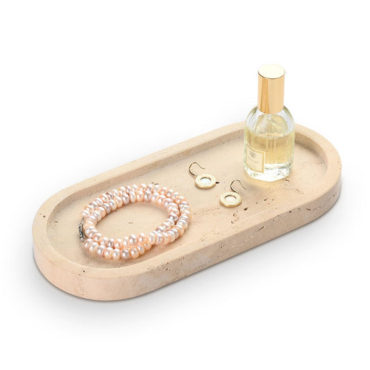 HAMAKAWA Turkish Natural Marble Vanity Tray, Oval Bathroom Tray 10 inch, Beige Travertine Perfume Trays, Vanity Organizer for Soap, Kitchen, Home Decor