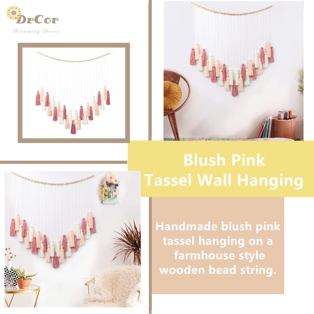 DrCor Blush Pink Macrame Wall Hanging – Boho Tassel Wall Decor for Nursery, Girls Bedroom, Dorm Room, Baby Shower, Classroom Reading Corner, Wedding Backdrop & Cozy Home Decor