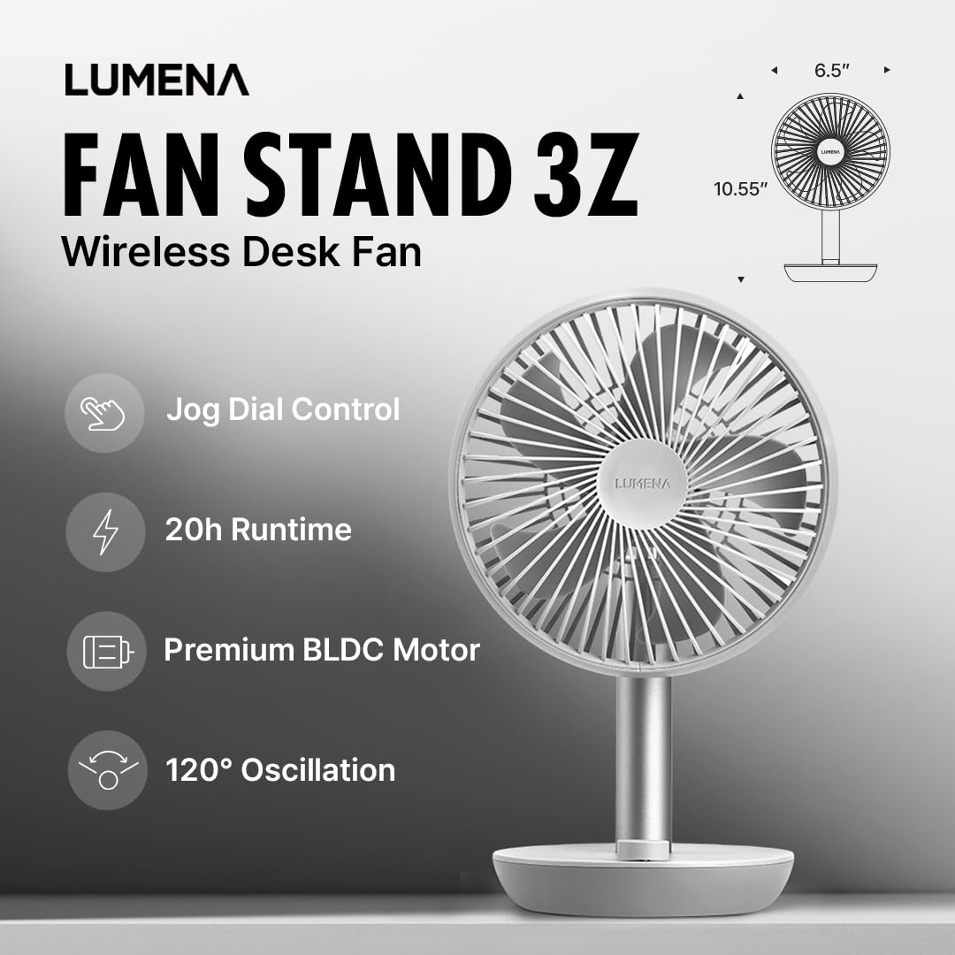 LUMENA Fan Stand 3Z - Portable Oscillating Desk Fan | 4-Speed Rechargeable 4000mAh Battery, Auto Swing, Timer, Sleek Matte Design for Home or Office (Dark Gray)