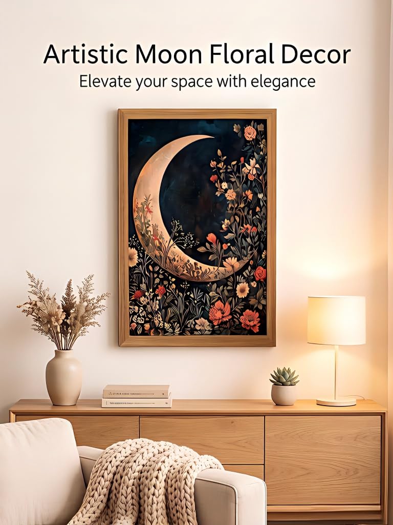 JXZMLNR Framed Canvas Wall Art, Crescent Moon with Dark Floral Print 8x10In