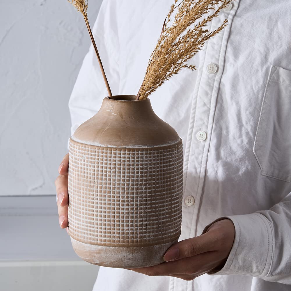 SIDUCAL Ceramic Rustic Farmhouse Vase, Sand Glaze Finish Boho Vase, Pottery Decorative Flower for Home Decor, Table, Living Room Decoration, Shelf Decor, Mantel, 7 Inch, Beige