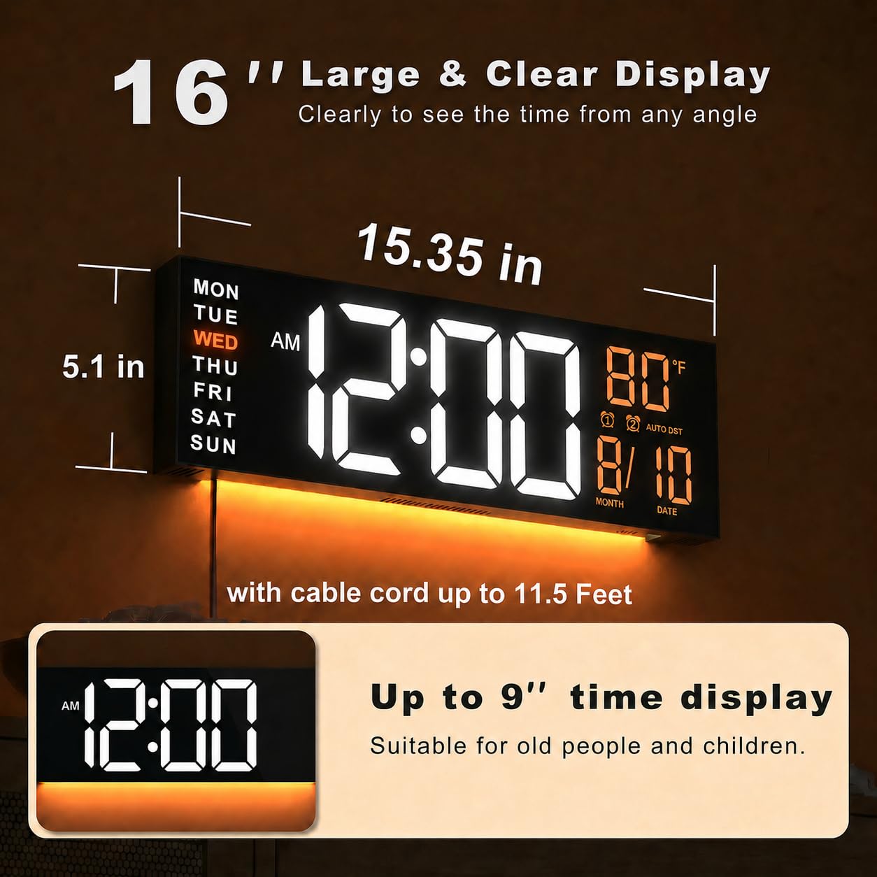 JALL 16" Large Digital Wall Clock with Remote, Big LED for Seniors, Auto Dimming, 8 RGB Colors, Night Light, Count Down Timer, Alarm, DST, Temperature for Living Room, Back to School Classroom