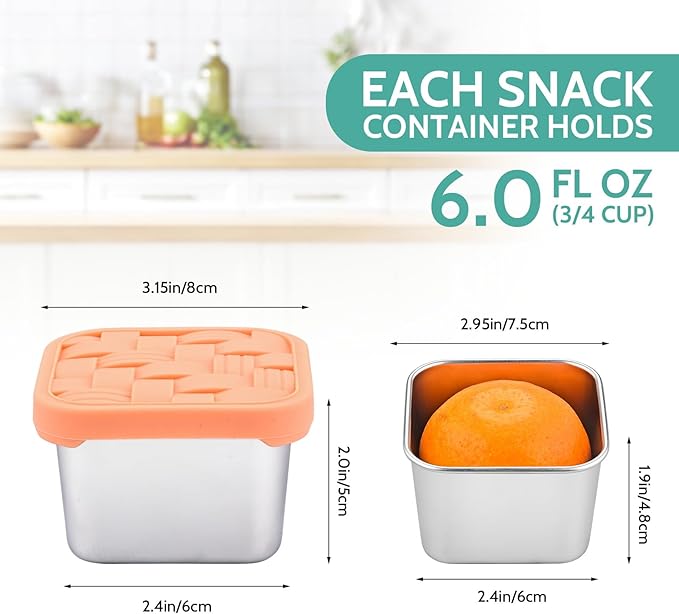 Ryrokxivi 4PC 6oz Stainless Steel Snack Containers for Kids, BPA-Free Metal Toddler Snack Containers with Silicone lids, Leakproof Reusable Lunch Containers for School, Travel, Bento, Daycare