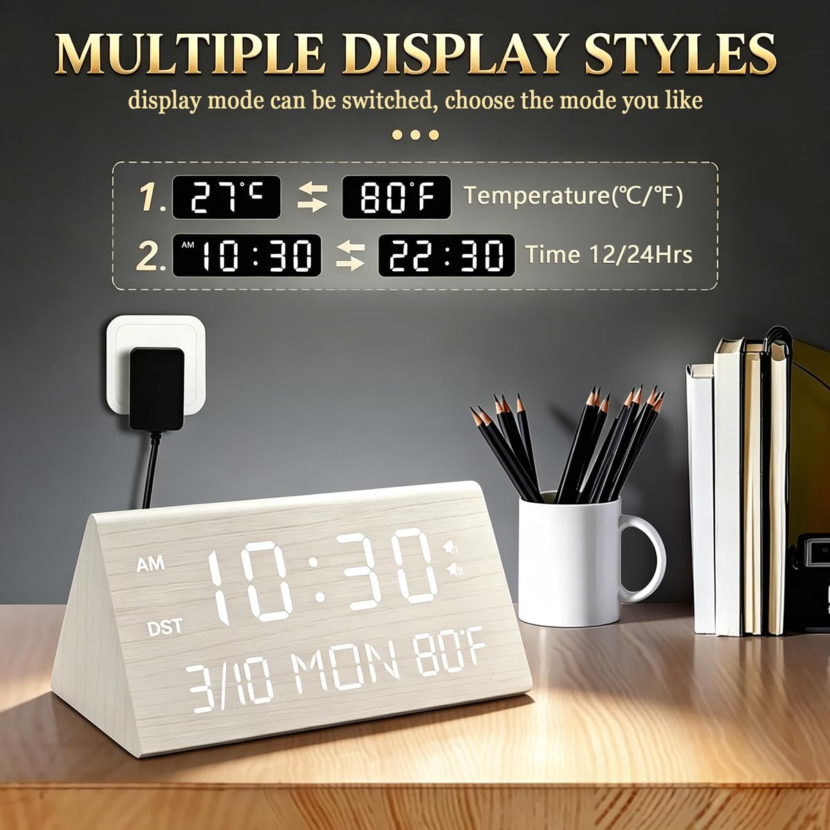 Kogonee Wooden Digital Alarm Clock, 0-100% Dimmer, 2 Alarm Settings, Weekday/Everyday Mode, 9 Mins Snooze, 12/24H, Temperature and Date Display for Office, Travel, Bedroom Alarm Clock (White)