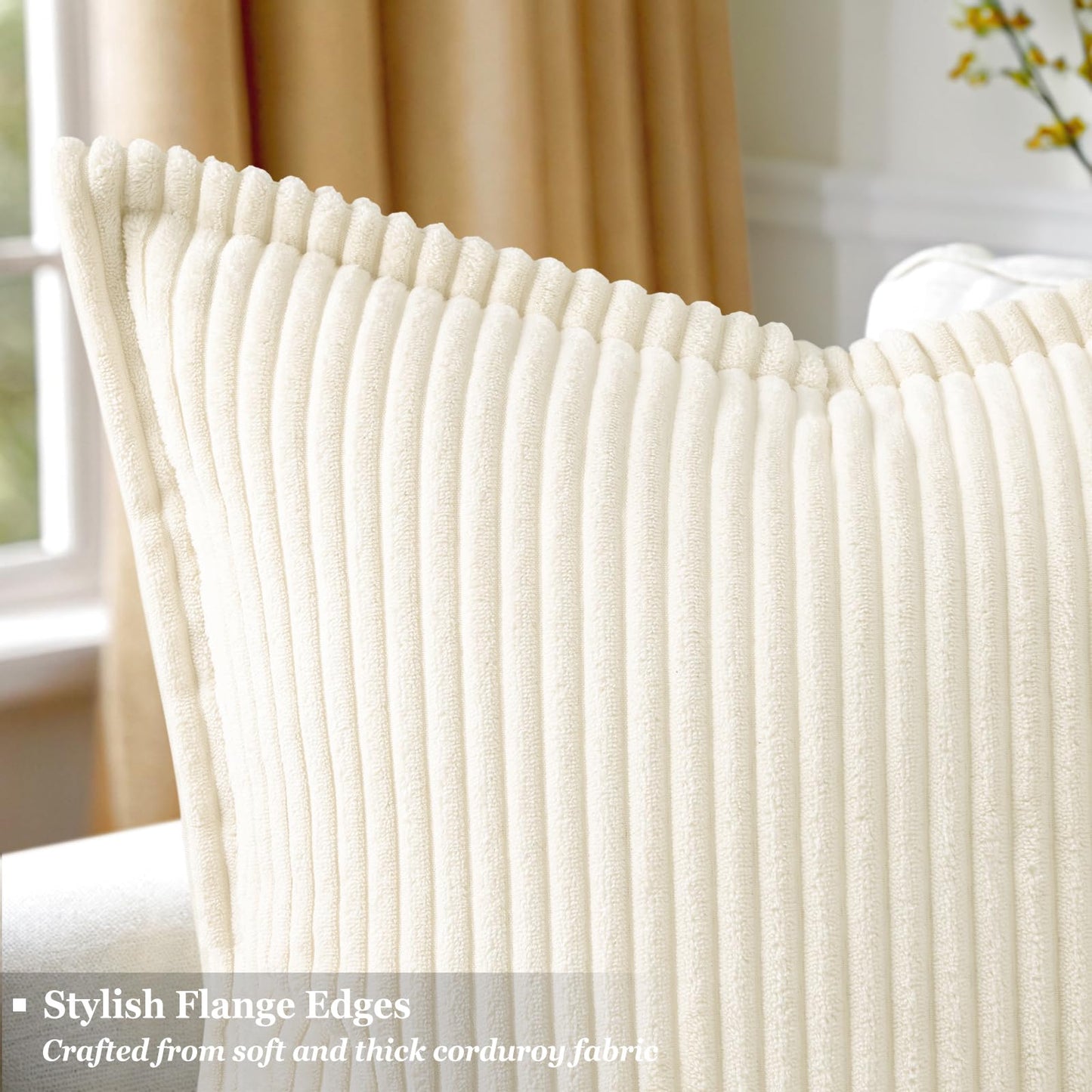 decorUhome Summer Corduroy Cream White Euro Sham Throw Pillow Covers 22x22 Set of 2 Decorative Soft Boho Farmhouse Couch Pillow Covers for Living Room Bed Sofa Broadside Striped Pillow Cases