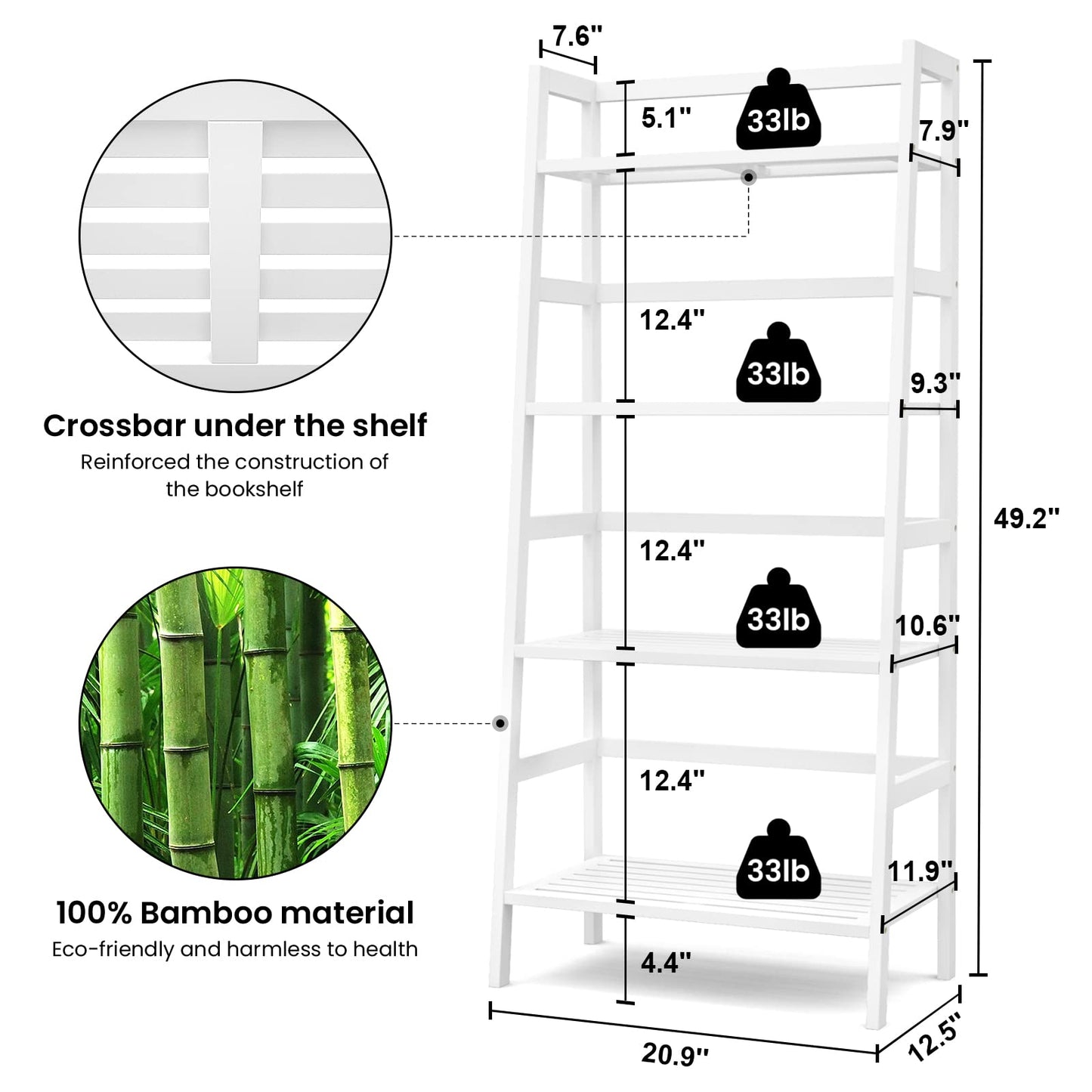Homykic Ladder Shelf, 4-Tier Bamboo Ladder Bookshelf, 49.2” White Book Shelf, Open Bookcase Freestanding Plant Stand for Small Space, Bathroom, Living Room, Bedroom, Home Office