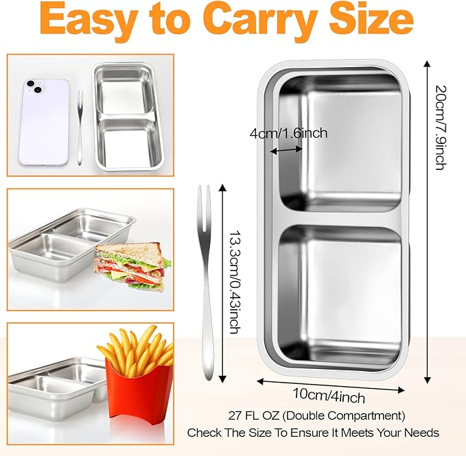 vovoyager Stainless Steel Snack Containers with Lids, Reusable Bento Lunch Container Box, Food Storage, Leak Proof, Dishwasher-Safe, Grab and Go for Work, 4 Pack-Double Compartment