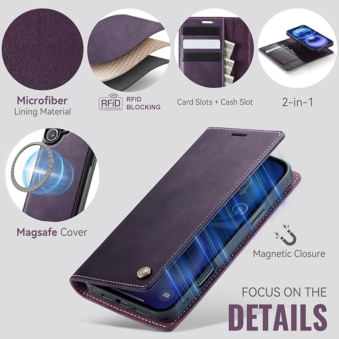 PlusnapX Wallet Case for iPhone 17 Compatible with Magsafe, 2-in-1 PU Leather Flip RFID Blocking Card Holder Stand Shockproof Magnetic Detachable Cover for iPhone 17 Case 6.3", Retro Purple