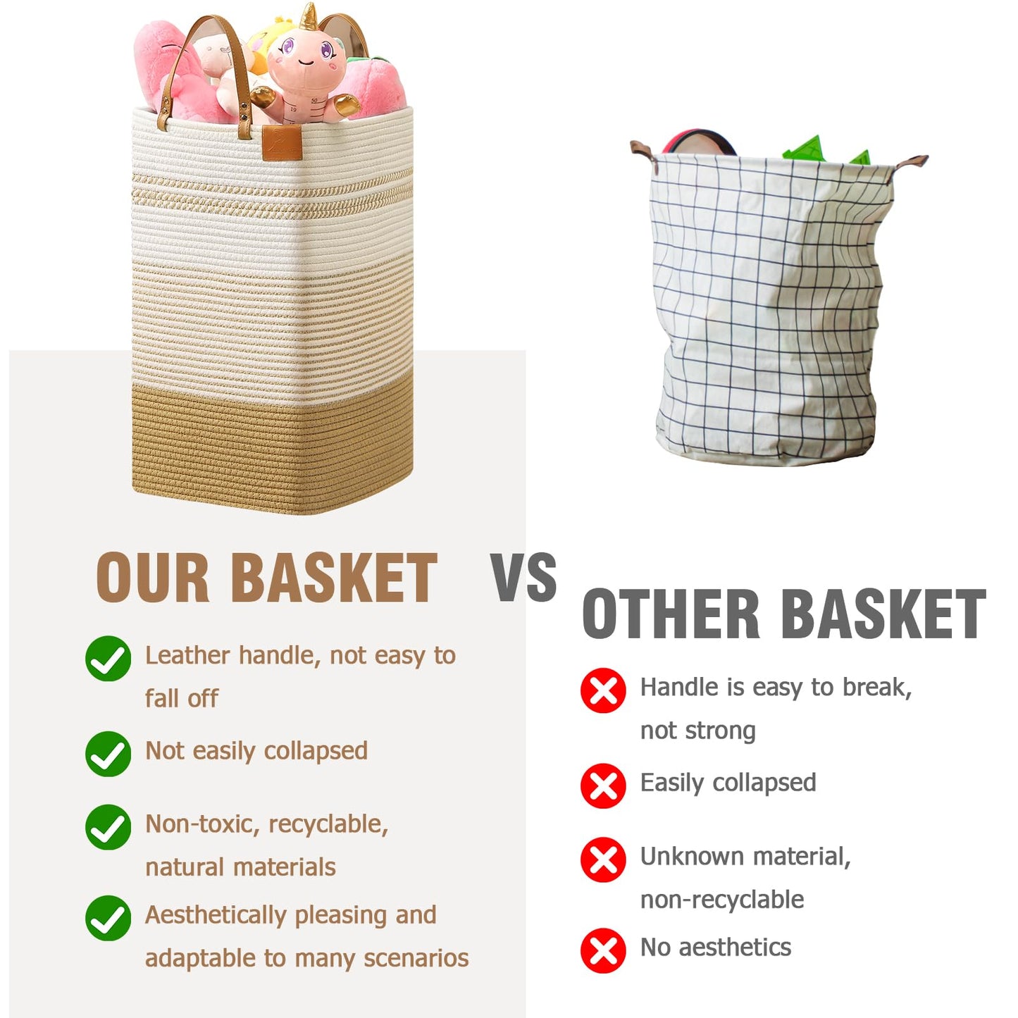 danpinera Large Laundry Hamper – 75L Tall Woven Cotton Storage Basket with Leather Handles, Slim Dirty Clothes Hamper, Decorative Storage Basket for Blanket,Toys White & Jute