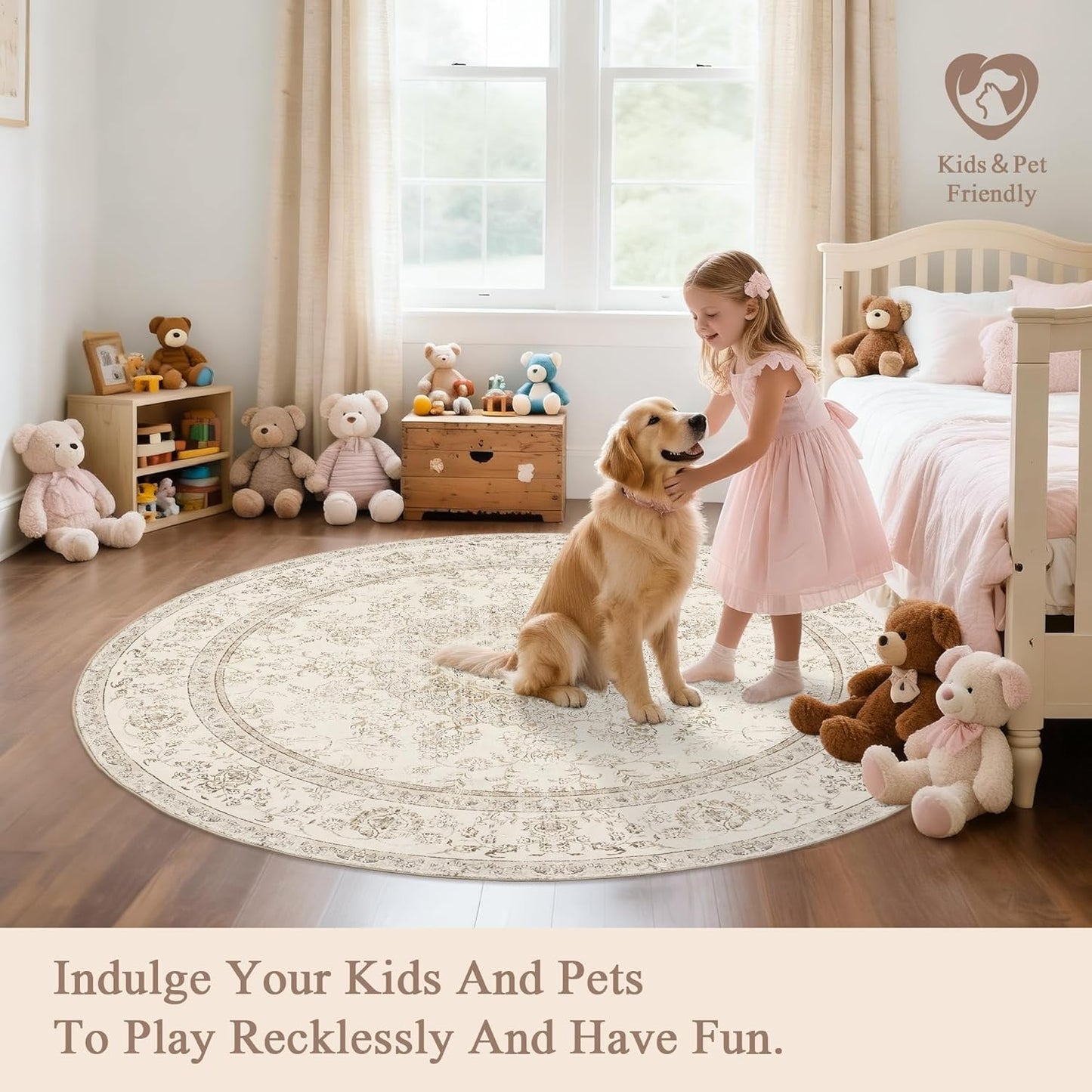 Farmhouse Washable Rug for Living Room: Boho 5x7 Area Rugs for Bedroom Soft Non Slip - Thin Stain Resistant Carpet for Dining Room Indoor - Cream Beige