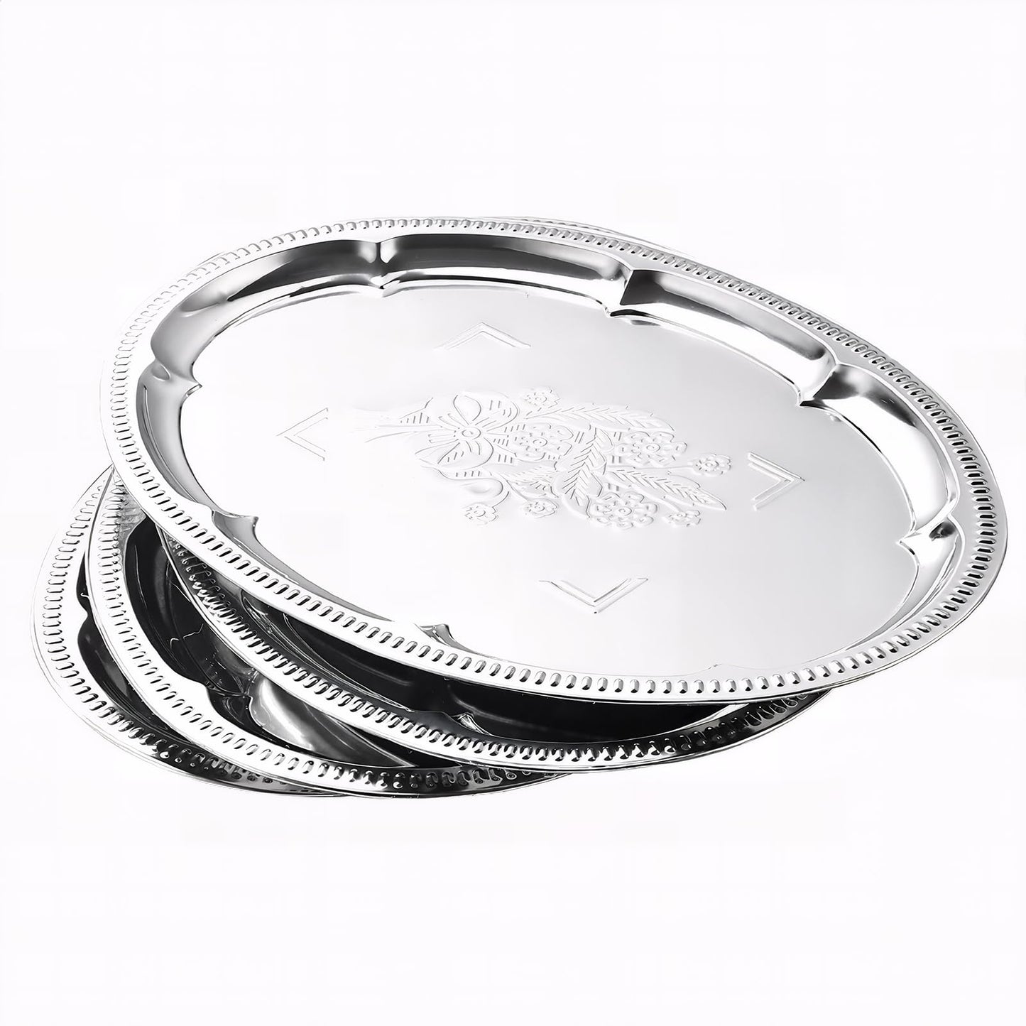 4-Pack 15.7" x 11.8" Silver Serving Trays for Party Set - Oval Floral Engraved Serving Platters, Wedding Birthday Mirror Tray for Summer BBQ, Food, Appetizer, Charcuterie, Cookies, Desserts