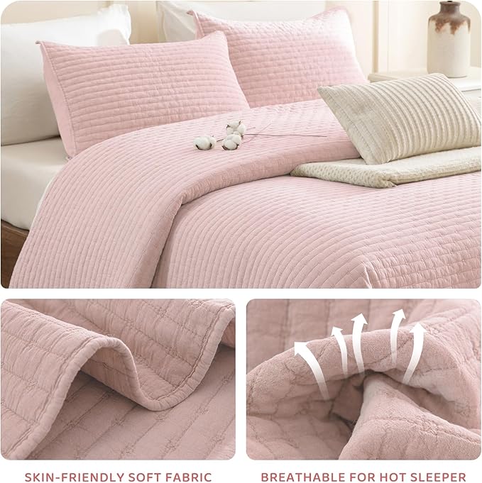Sanracie Stonewashed Cotton Coverlet Oversized King(120"x120"), Light Pink Cross Stitch Pattern California King Quilt Sets 3Pcs Ultra Soft Lightweight Crinkle Bed Coverlet Set for All Season