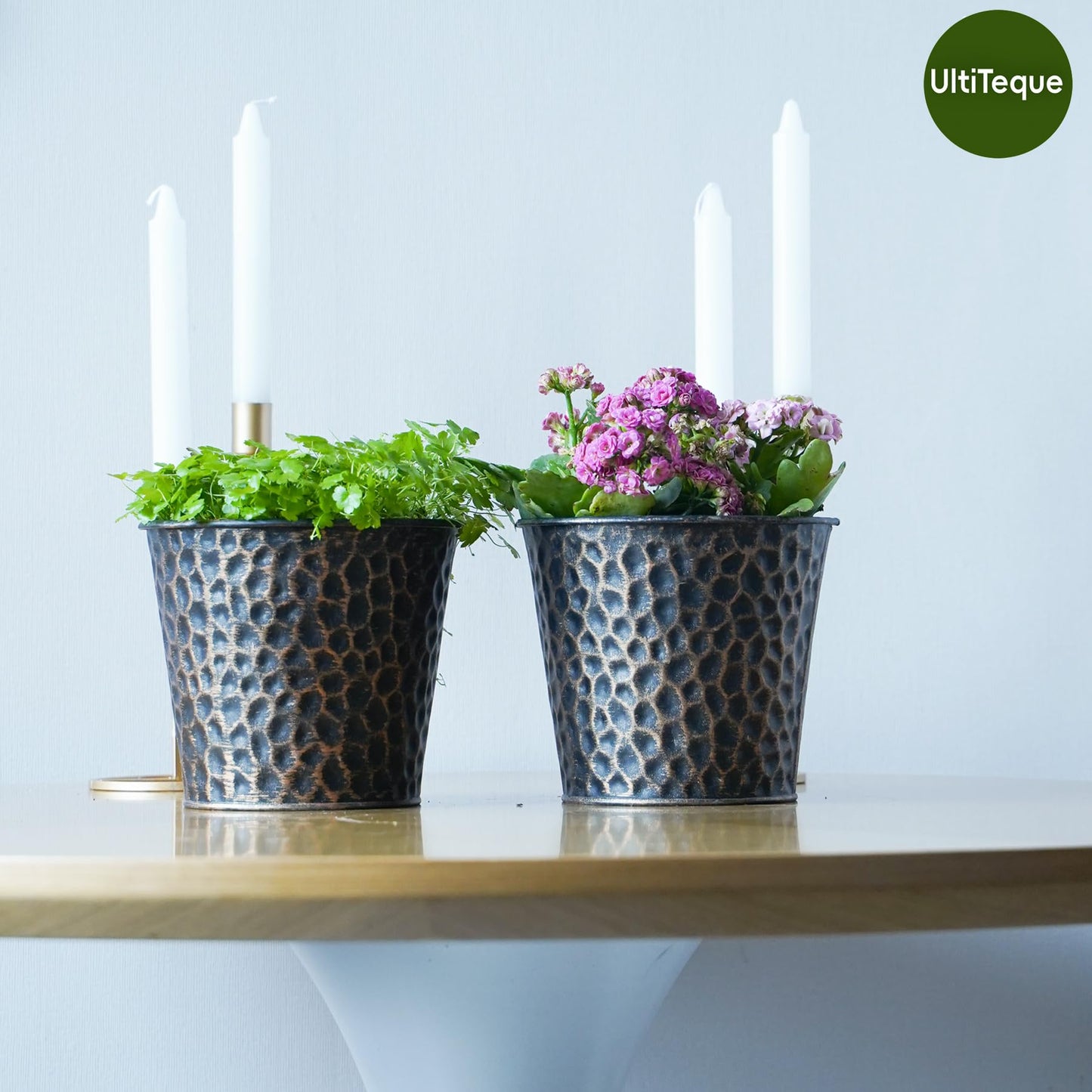 UltiTeque 6in Metal Copper Planter Set of 2, Hammered Plant Pots 6" H×7" W, Built-in Tray & Inner Pots, Use as Vase/Candle Holder/Christmas Decor, Includes Pebbles, for Indoor/Outdoor Plants