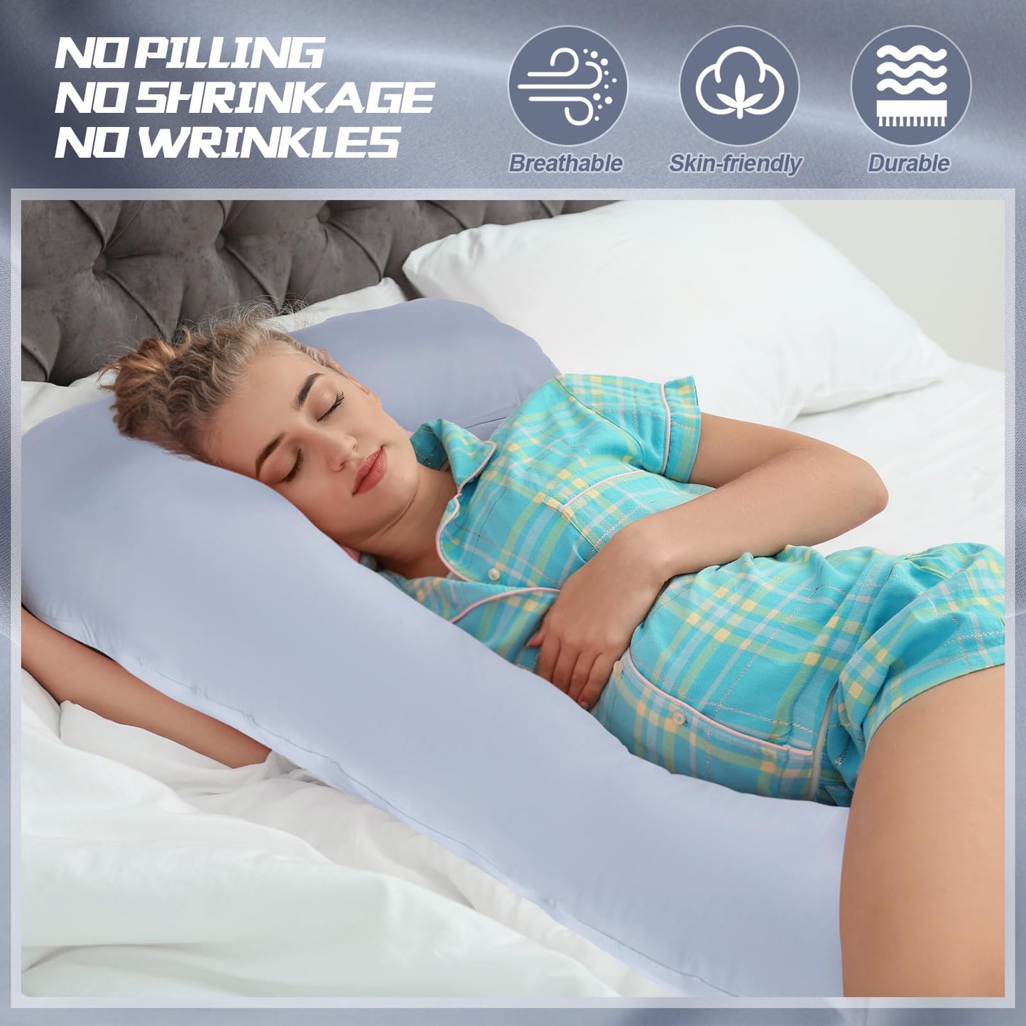 Windkream Silky Satin Pregnancy Pillow Cover, Only Pillowcase, L Shaped Snuggle Maternity Body Pillowcase for Cooling Skin Hair Full Body Pillow Cover with Hidden Zip for Side Sleeper