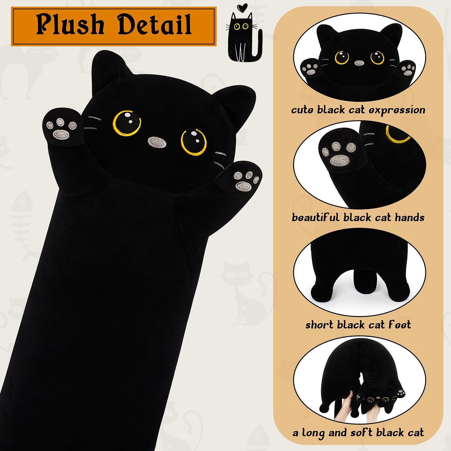 Sprinqdawin Cat Stuffed Animal-20” Black Cat Plush,Cute Plushies Animal Body Pillow,Kawaii Plush Toys Animals Gifts,Soft Animals Sleeping Hugging Pillow Cushion Dolls for Kids Adults Birthday