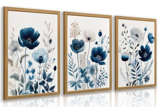 LLEEMPI Navy Blue Floral Wall Art Set of 3, Modern Wildflower Wall Decor, Watercolor Botanical Canvas Paintings, Classic Minimalist Poster Prints for Bedroom Bathroom Office Wood Framed 12x16 Inch