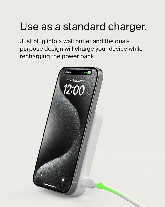 Belkin Portable Charger, Wireless Power Bank 15W 8000 mAh w/ Qi2 - MagSafe Charger w/Built-in Pop-up Kickstand - iPhone 17, Air, Pro, Pro Max, AirPods, Apple Watch, Google Pixel 10, etc. - White