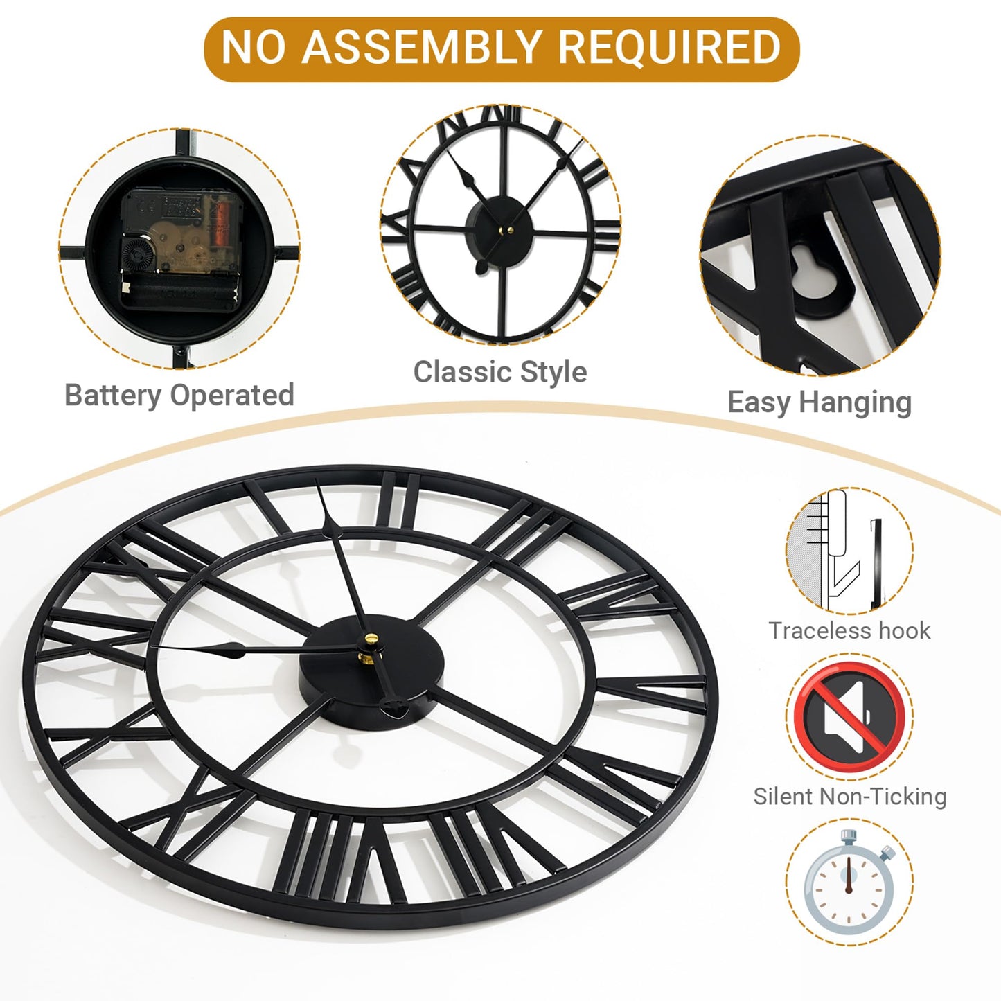 Blorple 16inch/40cm Wall Clocks Battery Operated,Wall Clocks for Living Room Decor, Bedroom,Office,Bathroom,Silent,Large Wall Clock for Home and Kitchen,Farmhouse (Iron Roman Numerals, 16 inches)
