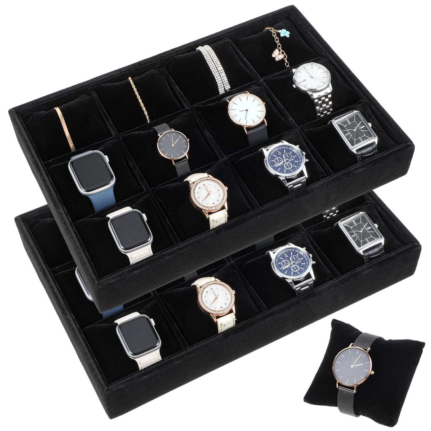 Tobeelec 2 Pcs Velvet Watch Tray Jewelry Organizer, 12 Grid Stackable Velvet Watch Tray, Watch Display Velvet Tray Watch Bracelet Bangle Display Holder Adjustable Pillow