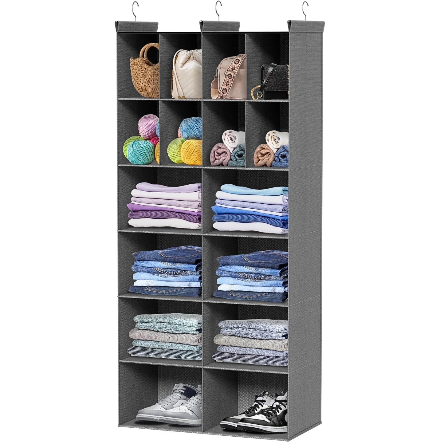 Ofiray-home 6 Tier Hanging Closet Organizer, 16 Compartments Sweater Organizer for Closet with 3 Sturdy Hooks, Closet Organizers and Storage, Wardrobe, Rv, Garment Rack, Grey