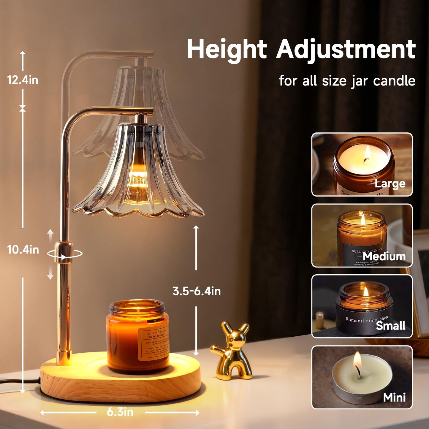 Candle Warmer Lamp with Timer and Dimmer - Adjustable Height Wax Melter for Scented Jar Candles, Vintage Glass Shade with Wood Base, Birthday Gifts for Women Mom, Housewarming Gifts, 2 Bulbs Included