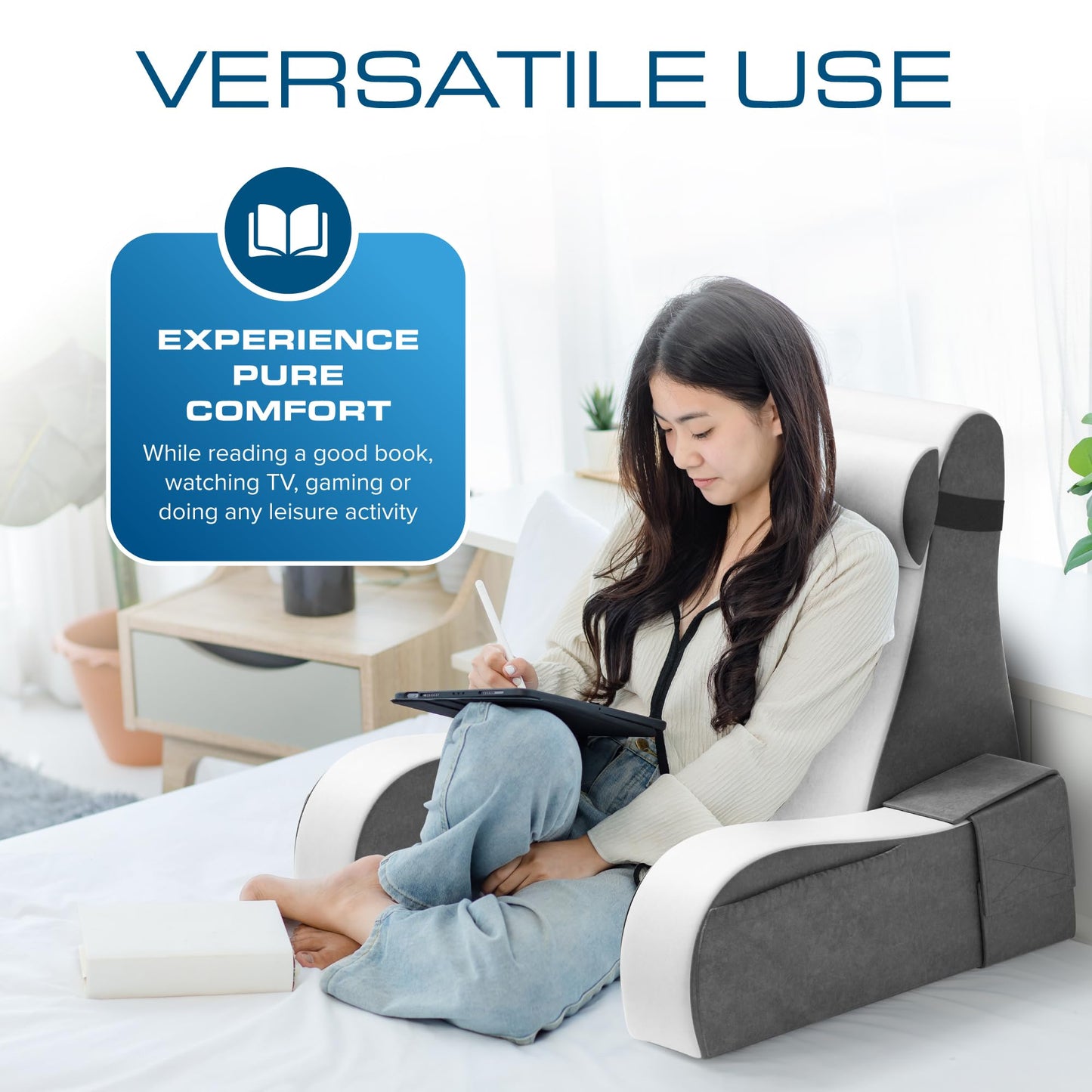 Kolbs Bed Wedge Pillow for Sleep Apnea, Acid Reflux, and Back Pain Relief, with Chic Jacquard Cover - Headboard Wedges for Sleeping (19" Wedge Reading - Grey)